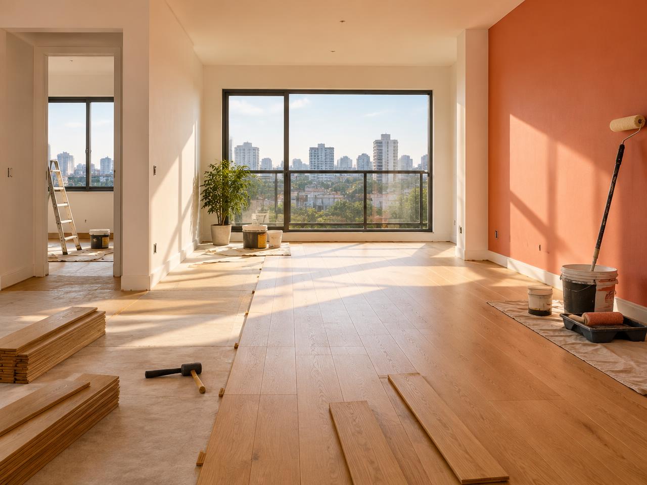 Reforma de apartamento em andamento, com piso novo e parede coral